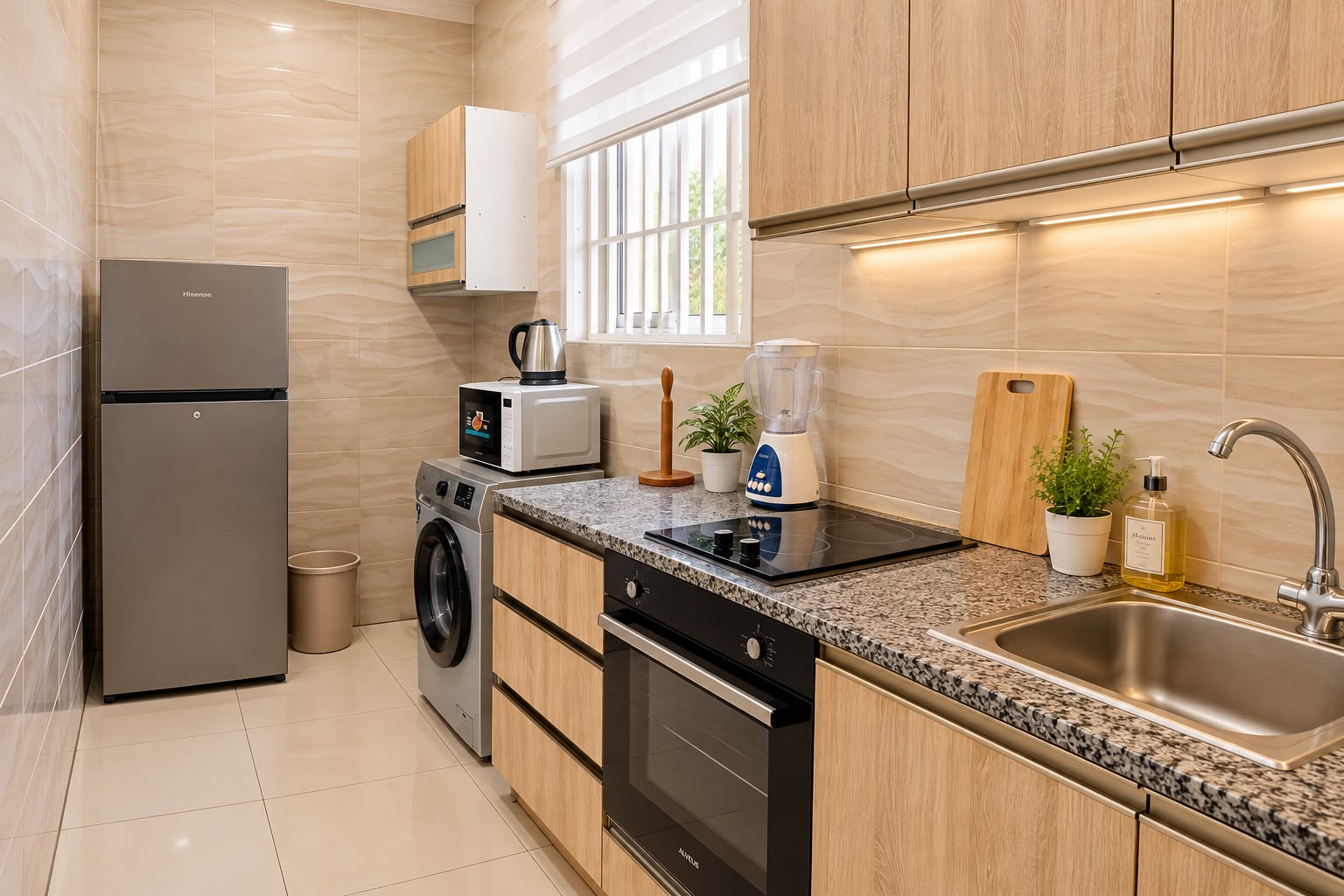 Cuisine complète avec réfrigérateur et lave-linge